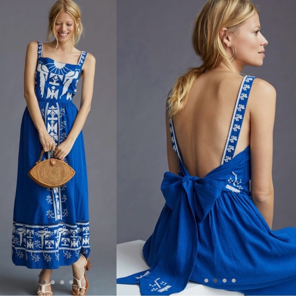 Farm Rio Blue Macaw Embroidered Backless Midi Dress NWT– Size XL - Picture 2 of 11